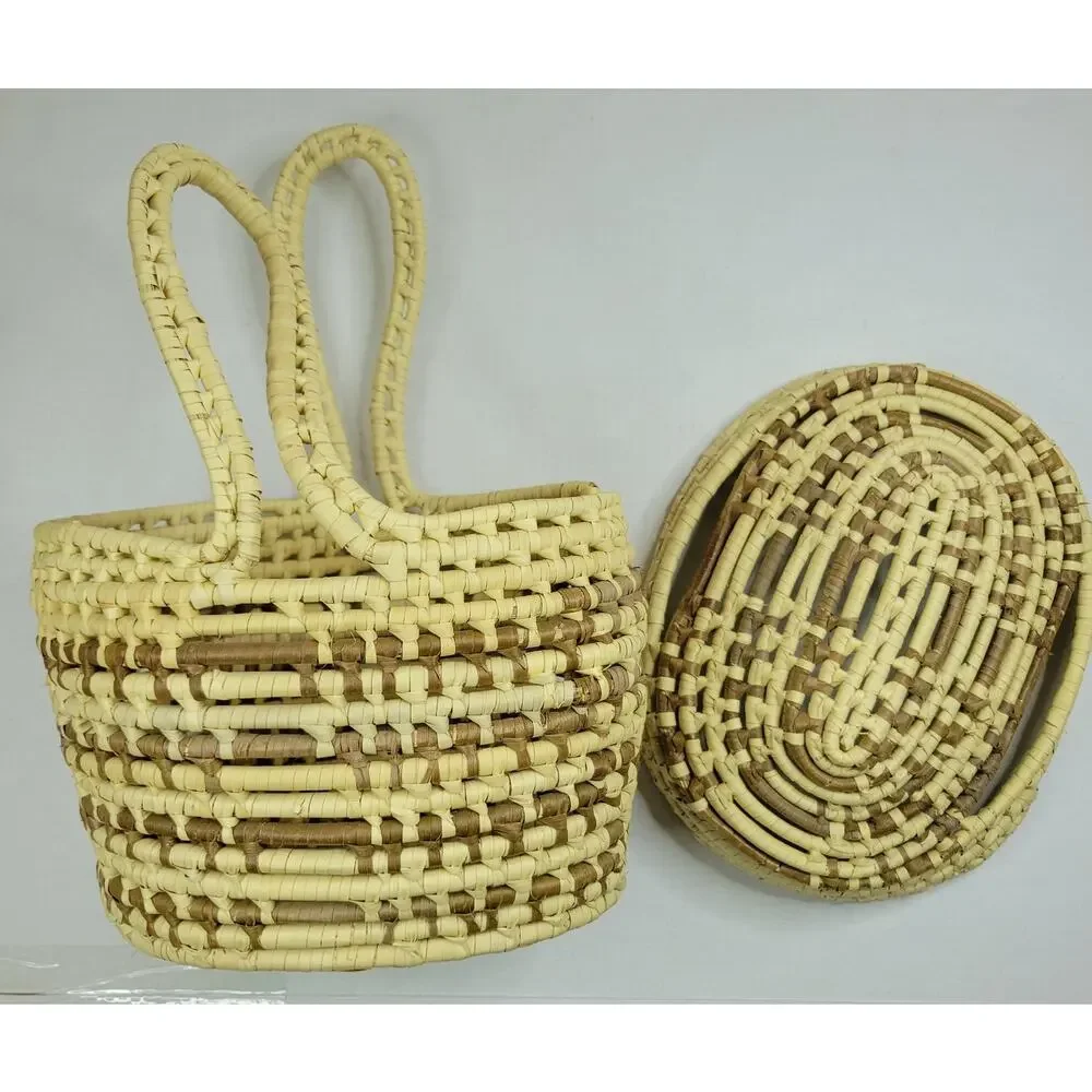 Wrapped Straw Basket Coiled Large Lid Handles Approx 11” X 11” Boho